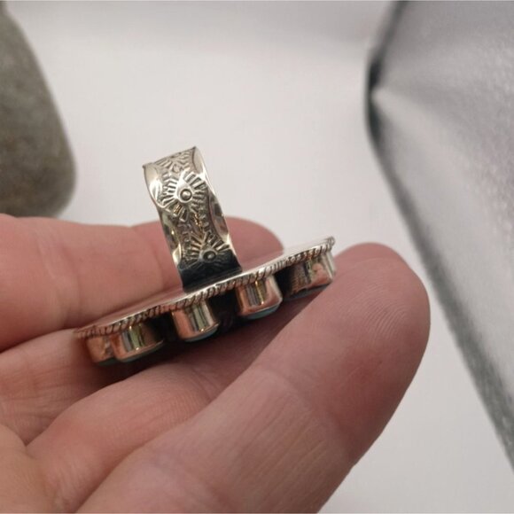 Pietersite Turquoise Cluster Ring Size 7 Statement Wide Hand Stamped Band - Picture 4 of 8